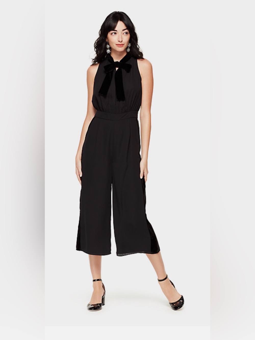 KATE SPADE Black Velvet Trim Bow Tie Neckline Wide Crop Pants Jumpsuit size 0